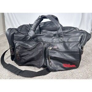 Vintage Wilson Black Leather Sports Duffle Bag w Shoulder Strap 70s 80s EUC